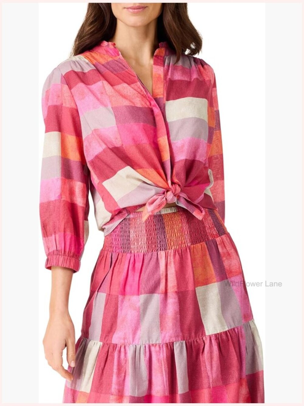 Women's Cotton Button Down Shirt - Stand Collar, 3/4 Sleeves, Loose Fit